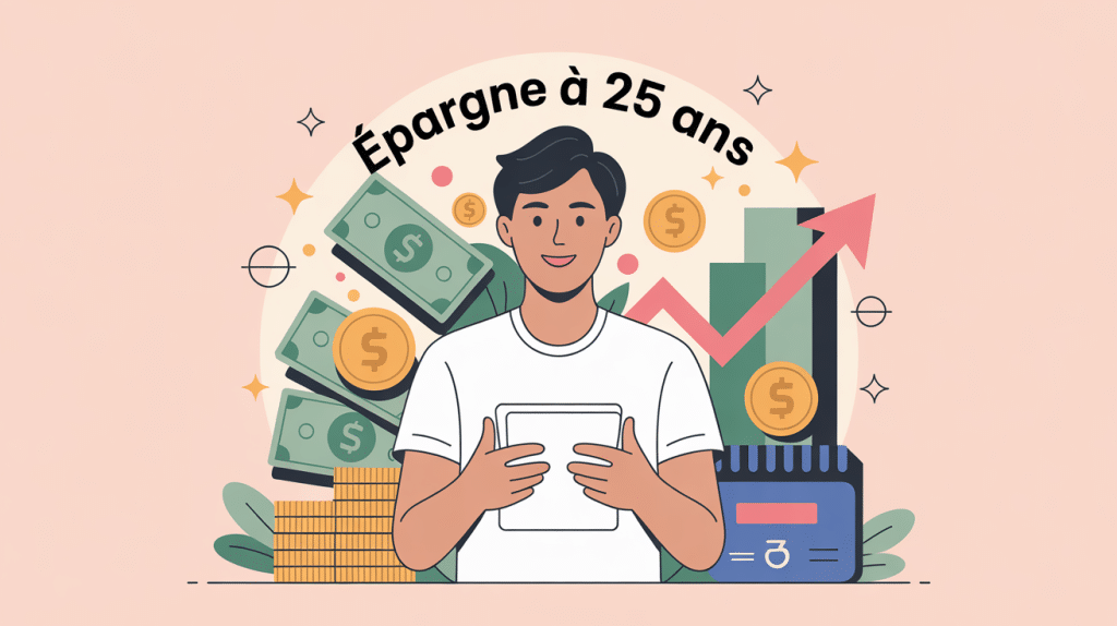 illustration combien avoir de côté à 25 ans jeune adulte et symboles financiers