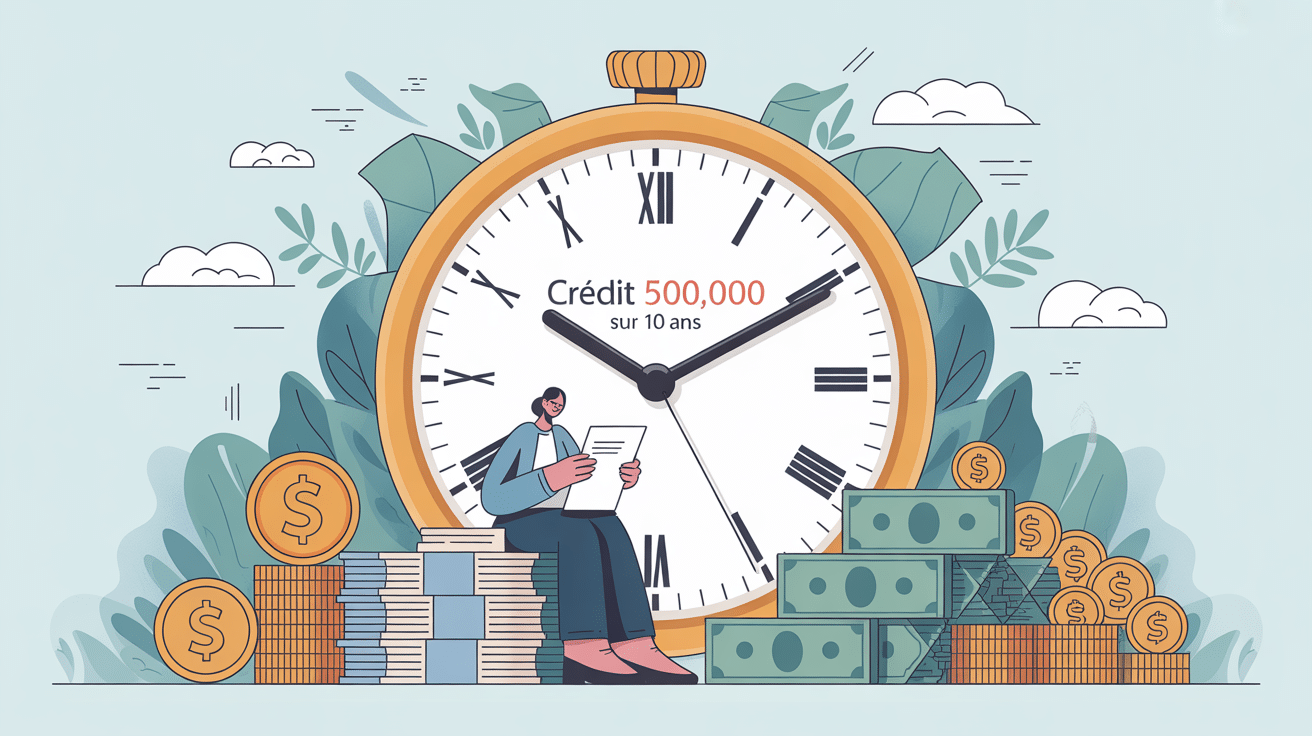 illustration du credit 50000 sur 10 ans avec horloge et documents