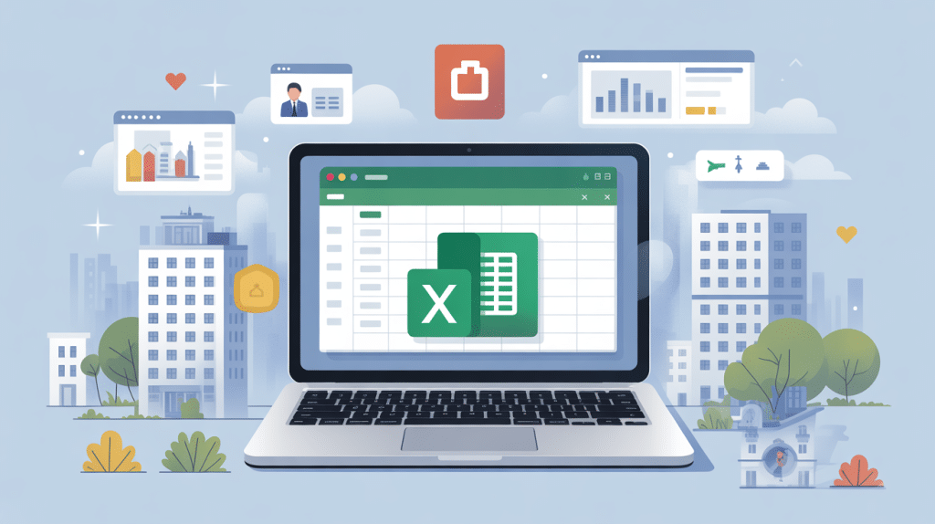 illustration logiciel gestion locative gratuit excel avec ordinateur et immeubles