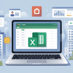 illustration logiciel gestion locative gratuit excel avec ordinateur et immeubles