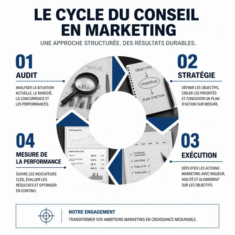 Infographie du cycle de conseil marketing : audit, stratégie, exécution et mesure de performance