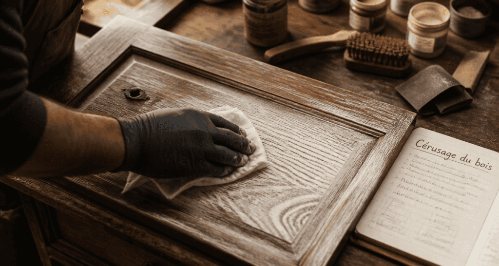 Ceruser un bois, main appliquant la patine sur meuble