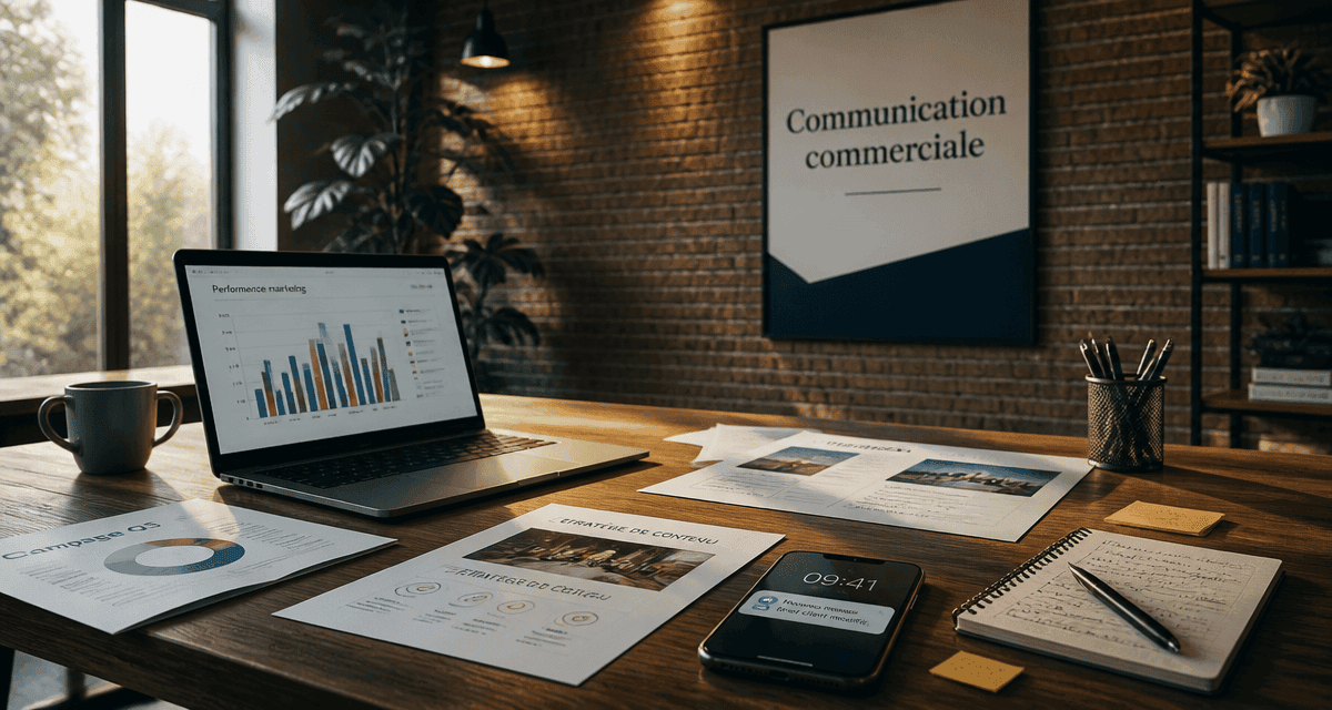Bureau moderne avec outils de communication commerciale