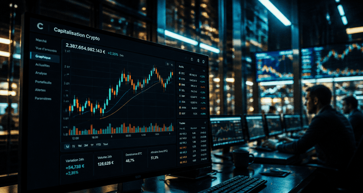 Cours des crypto affiché sur écran en salle de marché