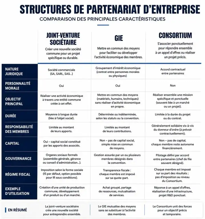 Comparatif des structures de partenariat d'entreprise : Joint-venture, GIE et Consortium
