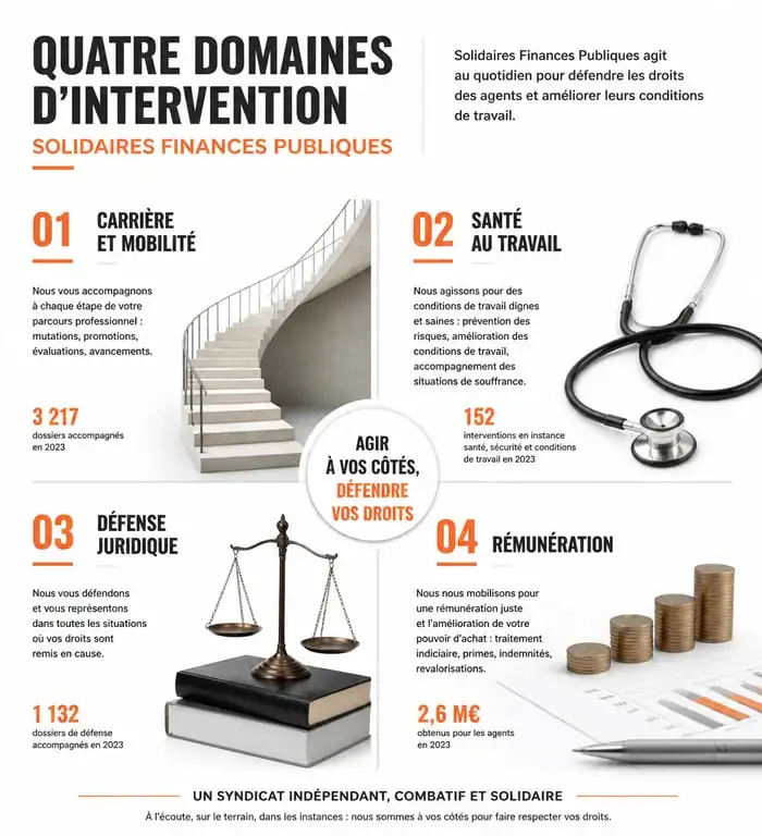 Infographie des domaines d'intervention et actions de Solidaires Finances Publiques pour les agents