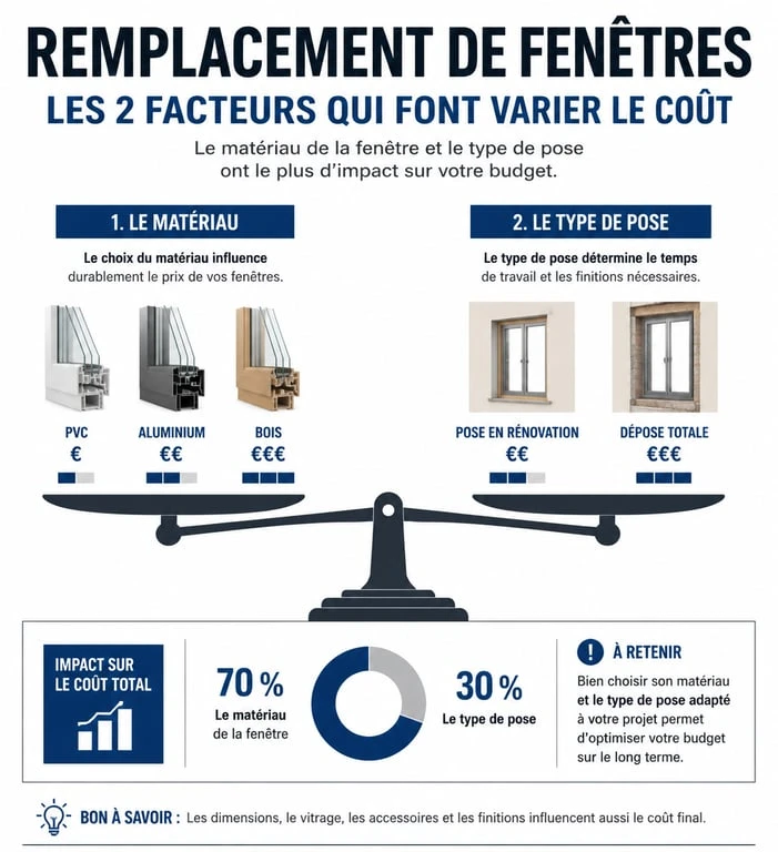 Infographie comparative des prix de remplacement de fenêtres selon les matériaux et types de pose