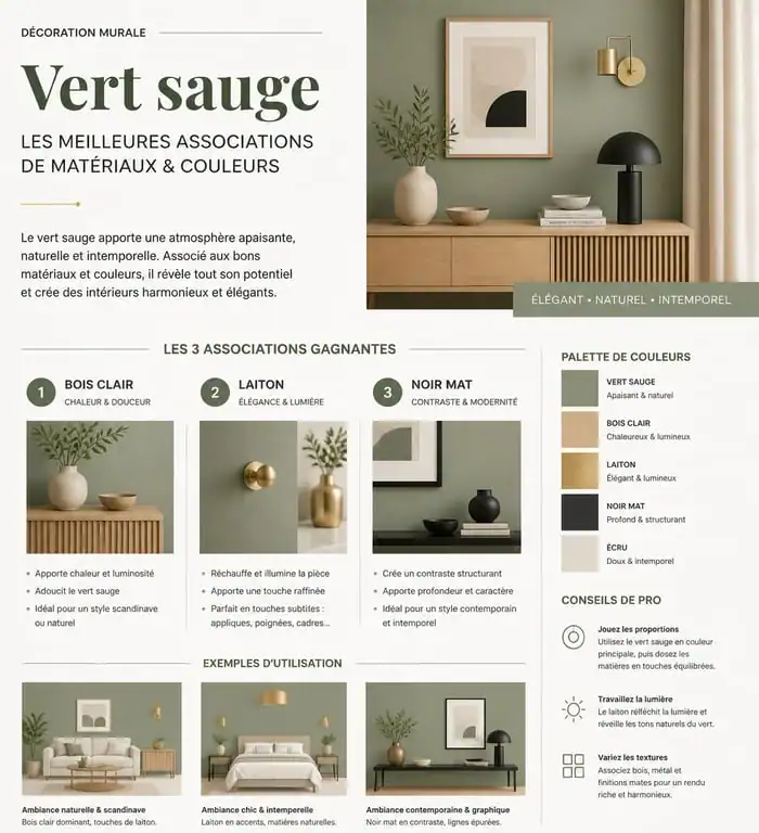 Infographie des associations de couleurs et matériaux pour une décoration murale vert sauge