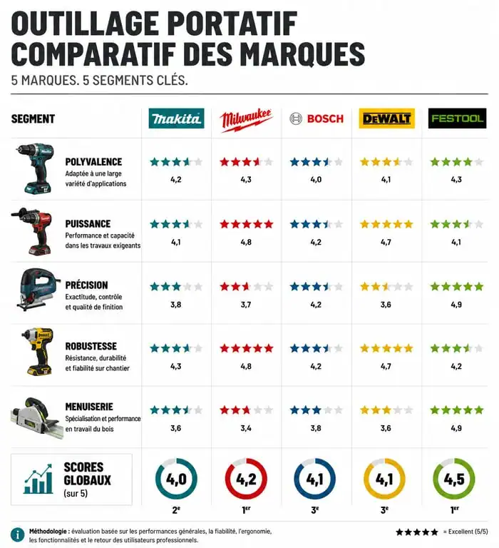 Infographie comparative des marques d'outillage portatif pour professionnels et bricoleurs