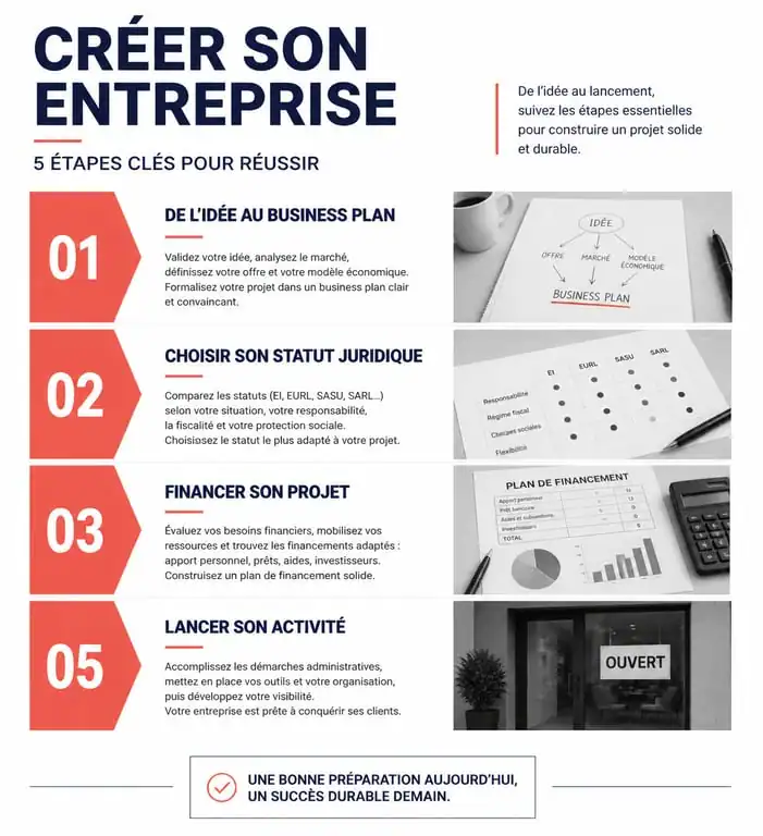 Infographie des étapes pour agir et entreprendre : structuration, business plan, statut juridique et lancement