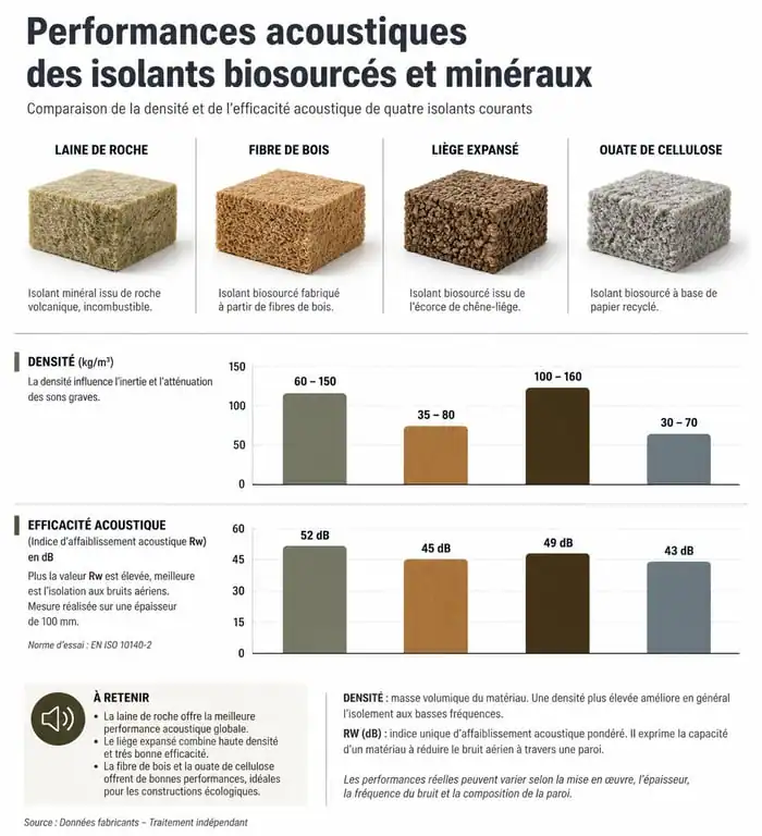 Comparatif des performances des meilleurs isolants phoniques : laine de roche, fibre de bois, liège et ouate de cellulose