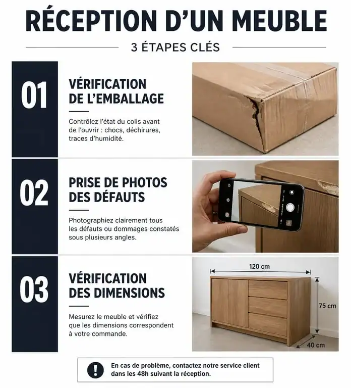 Infographie des étapes de réception de mobilier Best Mobilier pour éviter les litiges