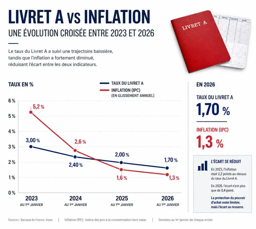 Graphique comparatif de l'évolution du taux du Livret A face à l'inflation de 2023 à 2026