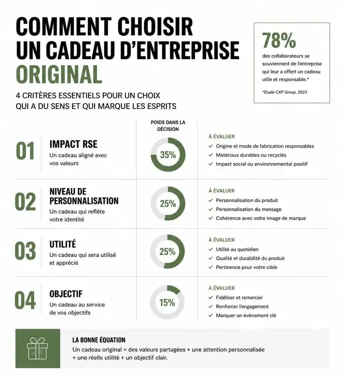 Infographie des critères de sélection pour un cadeau entreprise original et personnalisé