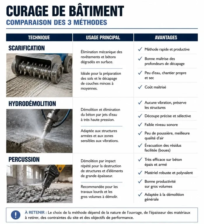 Tableau comparatif des méthodes de curage de bâtiment : scarification, hydrodémolition et percussion pour vos travaux de démolition sélective.