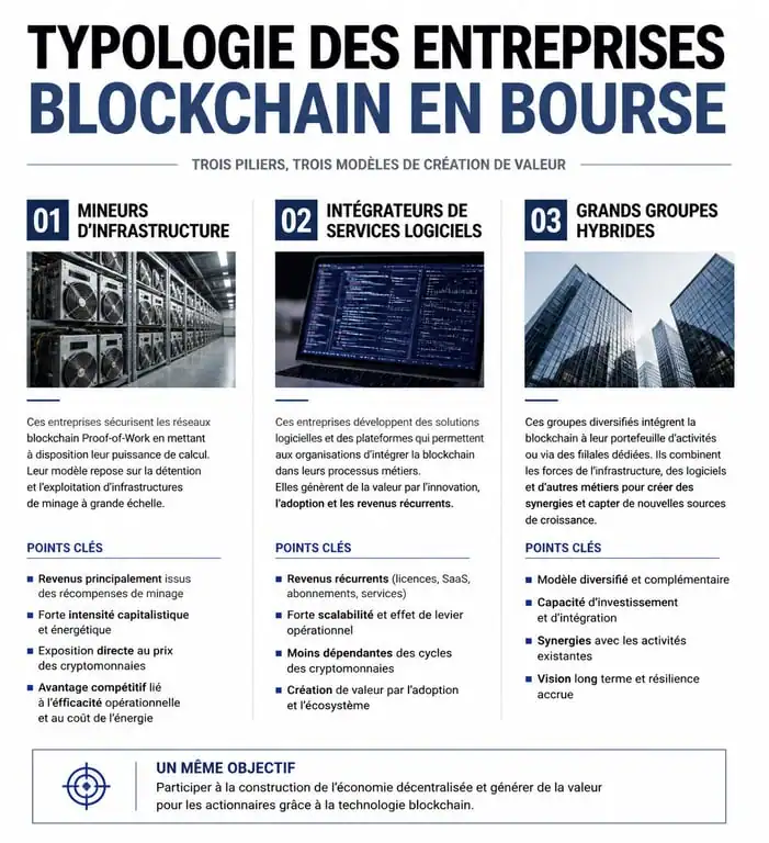 Typologie des sociétés blockchain cotées en bourse : mineurs, intégrateurs et grands groupes