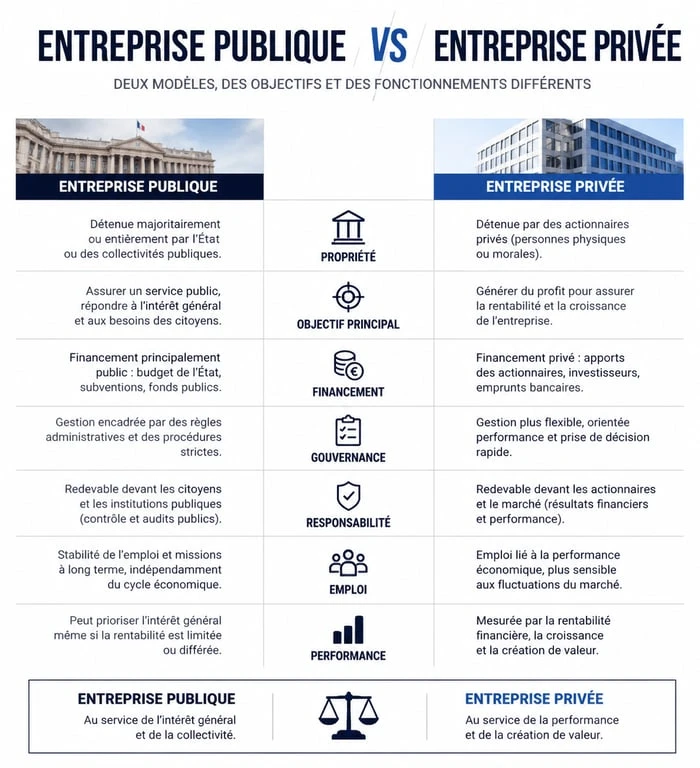 Infographie comparative des critères de définition d'une entreprise publique par rapport à une entreprise privée