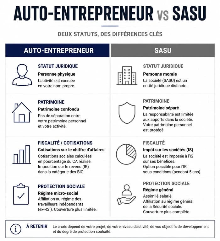 Tableau comparatif des différences entre le statut d'auto-entrepreneur et la SASU pour choisir son statut juridique