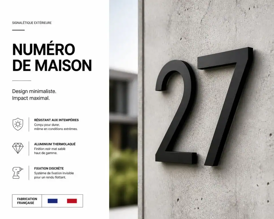 Numéro de maison design en aluminium noir mat sur façade moderne
