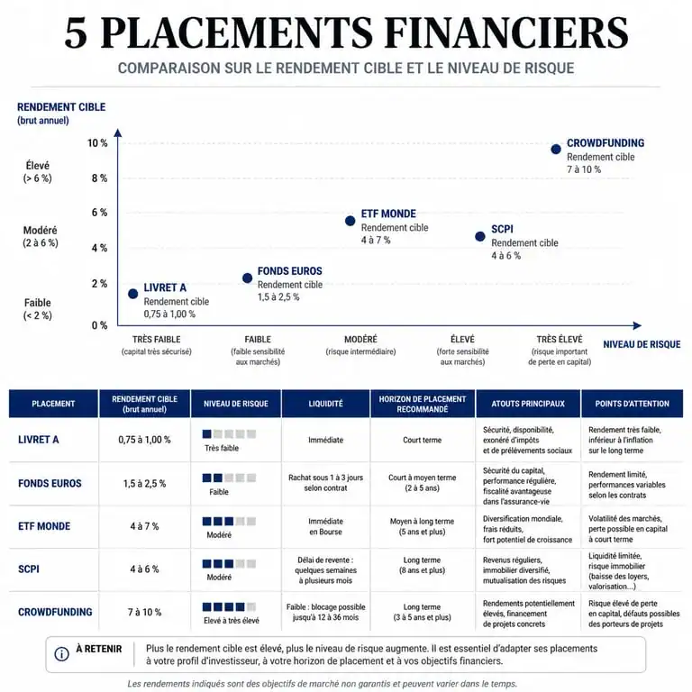 Infographie comparative des placements pour investir 10000 euros selon le risque et le rendement