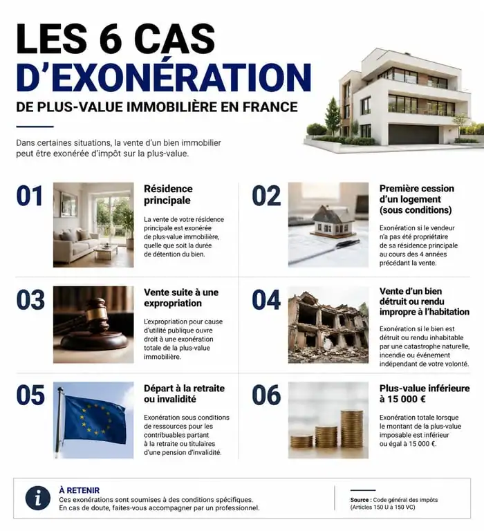 Infographie des 6 cas d'exonération de plus-value immobilière