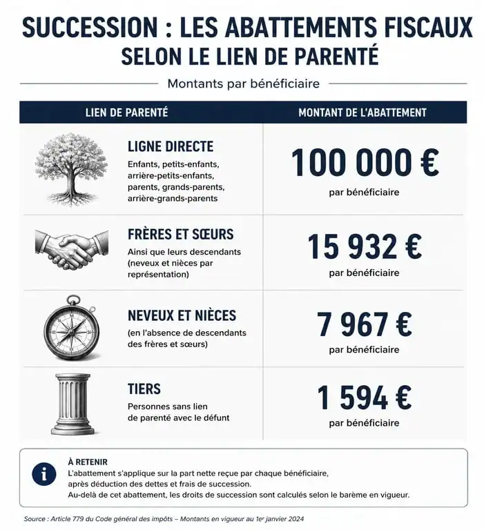 Tableau des abattements fiscaux par lien de parenté pour une succession