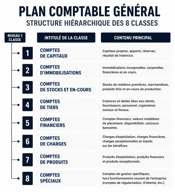 Structure des 8 classes du plan comptable général français
