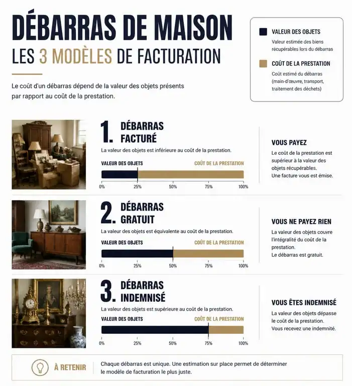 Infographie des trois modèles de facturation pour un débarras de maison : facturé, gratuit et indemnisé.