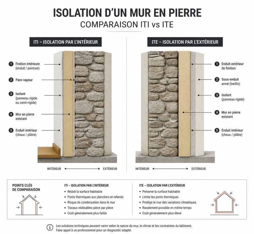 Comparatif technique entre isolation par l'intérieur et isolation par l'extérieur pour isoler un mur en pierre