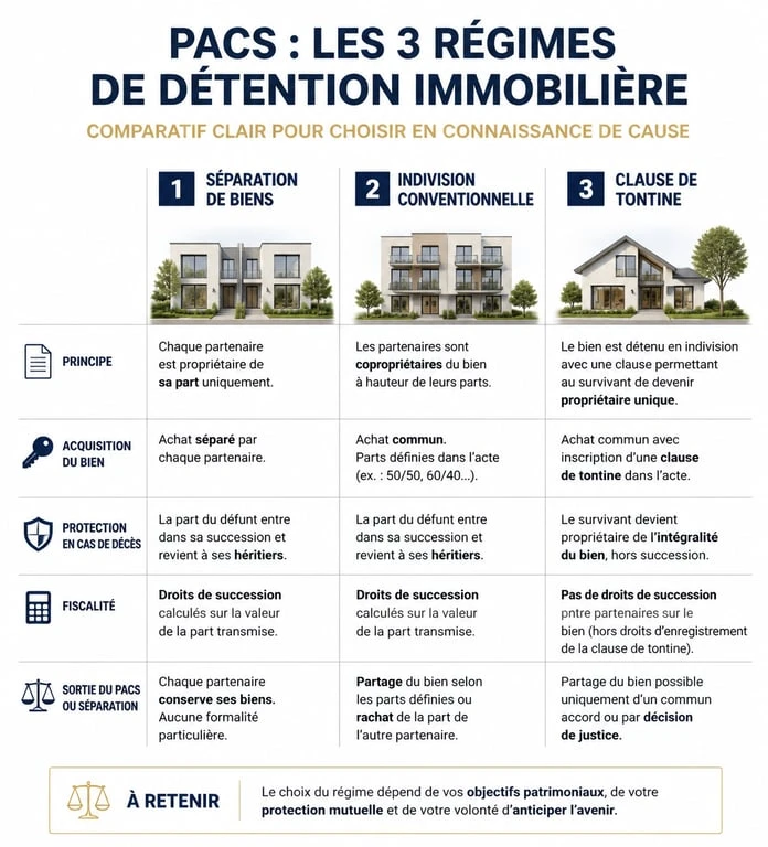 Comparatif des régimes de détention immobilière pour un achat en PACS : séparation de biens, indivision et tontine
