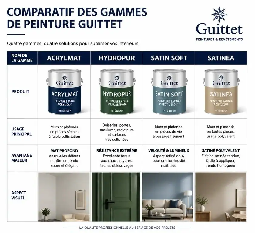 Tableau comparatif des gammes de peinture Guittet pour choisir la finition adaptée à vos travaux