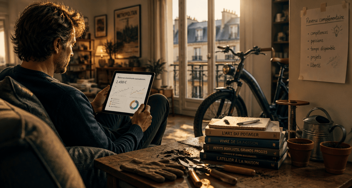 revenus complémentaires homme consulte tablette salon