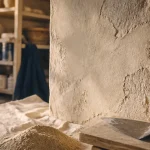 Enduit à la chaux aérienne sur mur en pierre, surface minérale fraîche