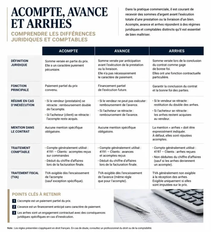 Tableau comparatif des acomptes versés, avances et arrhes en comptabilité