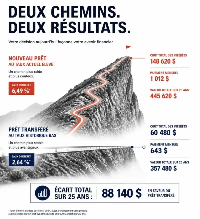 Comparaison visuelle entre un nouveau prêt immobilier et le transfert de crédit immobilier pour illustrer les économies réalisées