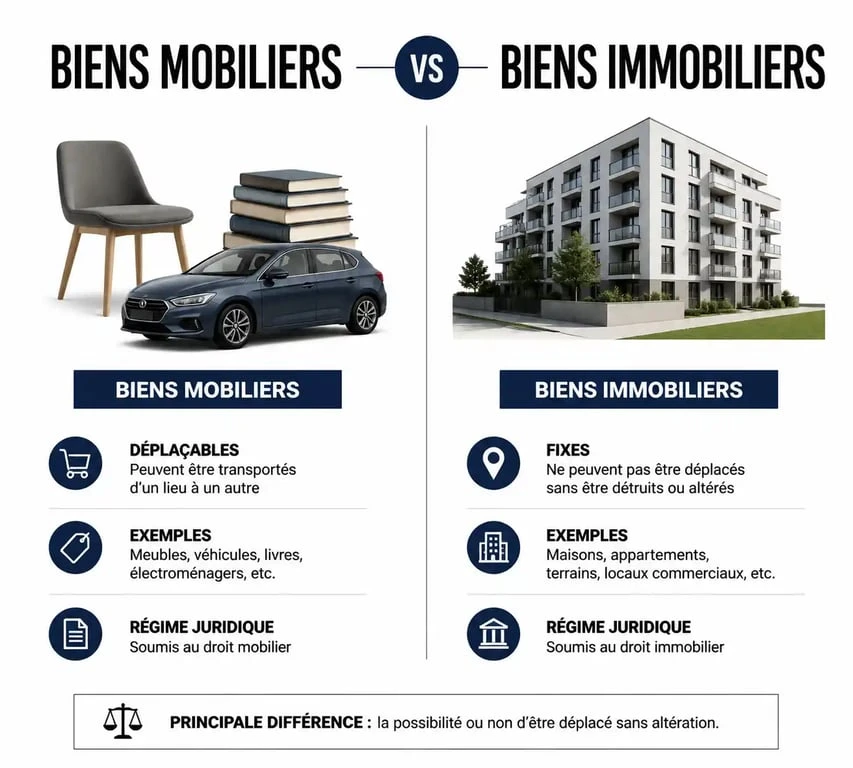 Infographie comparative : différence entre bien mobilier et bien immobilier pour comprendre la définition juridique.