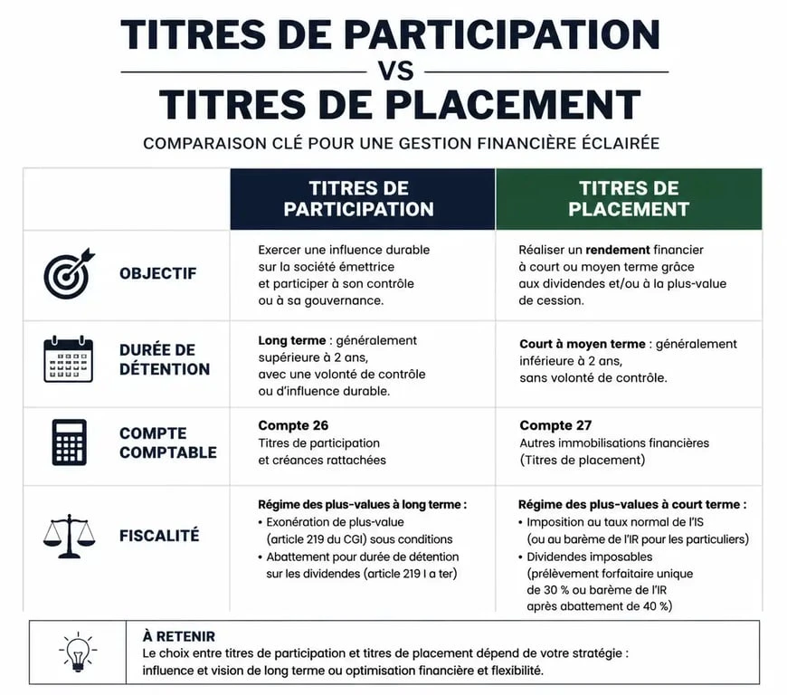 Comparatif fiscal et comptable entre titres de participation et titres de placement
