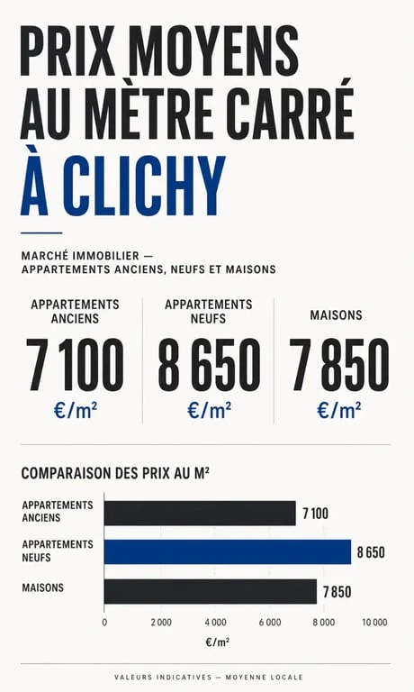Graphique comparatif des prix immobiliers au mètre carré à Clichy par type de bien