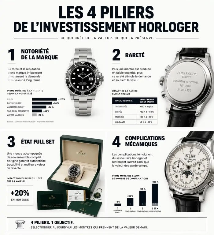 Infographie sur les critères pour investir dans une montre de luxe et maximiser sa rentabilité.