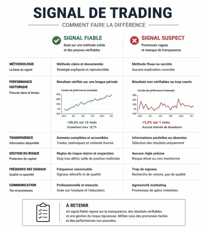 Comparatif entre un signal de trading fiable et un signal suspect pour mieux choisir ses alertes de trading