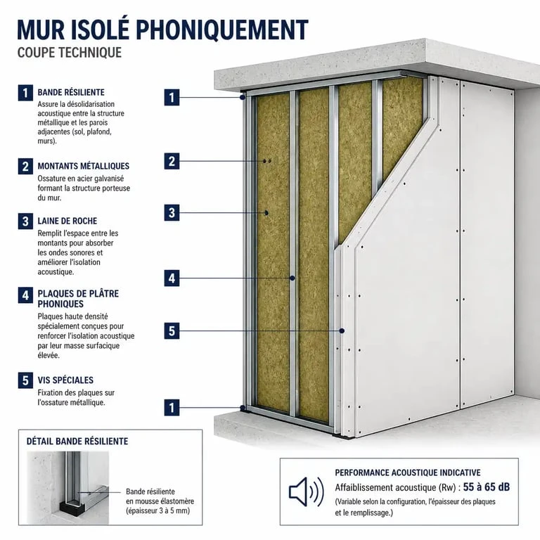 Schéma technique de la structure d'un mur pour isoler phoniquement une pièce