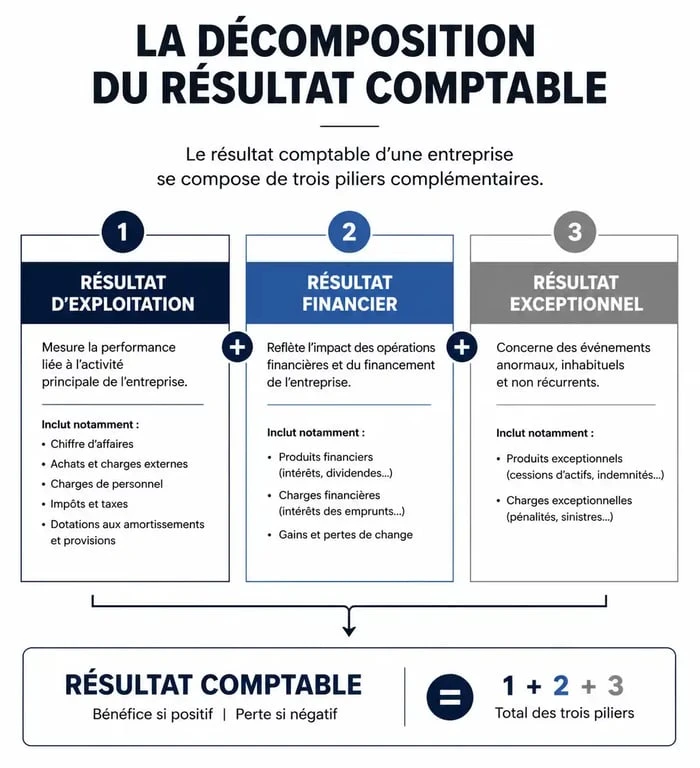 Infographie expliquant la décomposition du résultat comptable d'une entreprise en trois piliers : exploitation, financier et exceptionnel