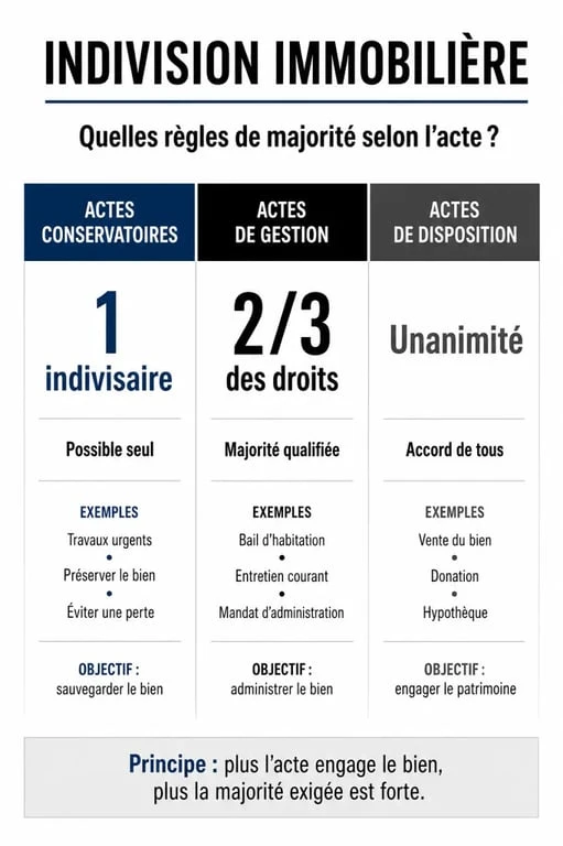 Infographie des règles de majorité pour la gestion d'une indivision entre personnes physiques