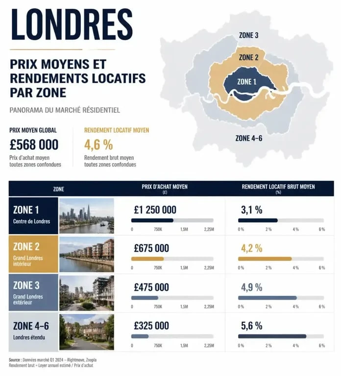 Infographie des prix de l'immobilier à Londres et rendements locatifs par quartier pour les investisseurs.