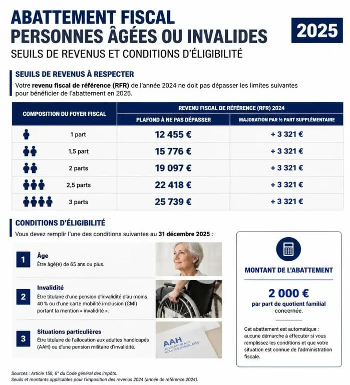 Infographie des seuils et conditions de l'abattement personnes âgées ou invalides 2025