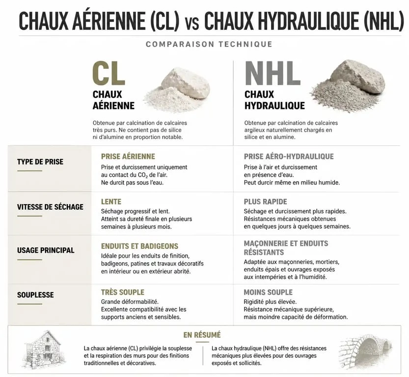 Comparatif technique entre enduit à la chaux aérienne et chaux hydraulique