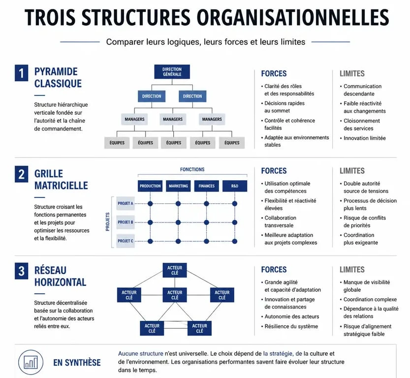 Schéma comparatif des types de hiérarchie dans une entreprise : structure pyramidale, matricielle et horizontale.