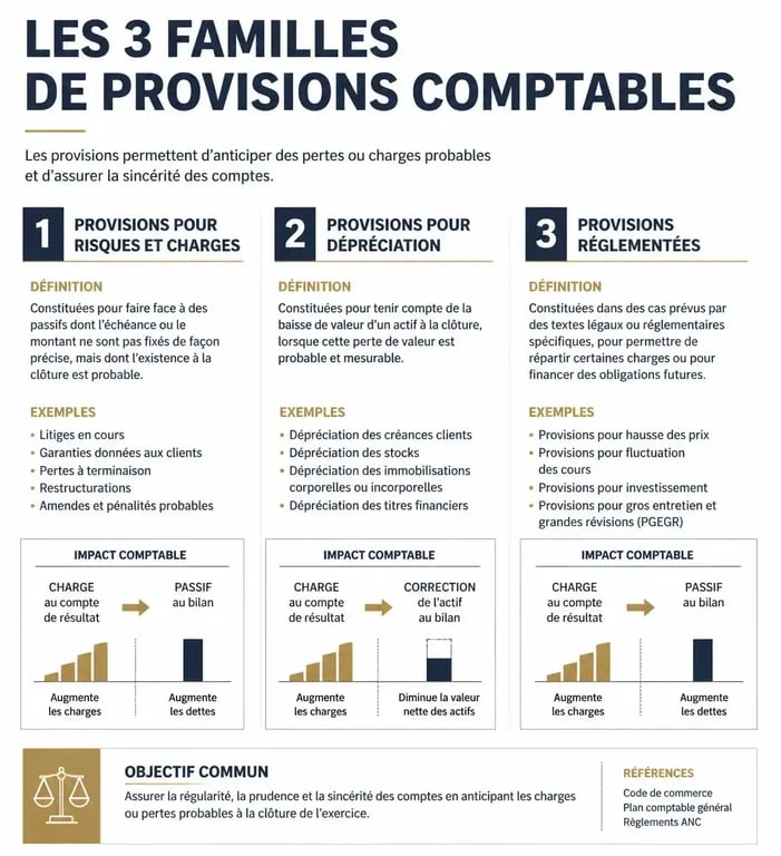 Schéma explicatif des trois familles de dotation aux provisions en comptabilité