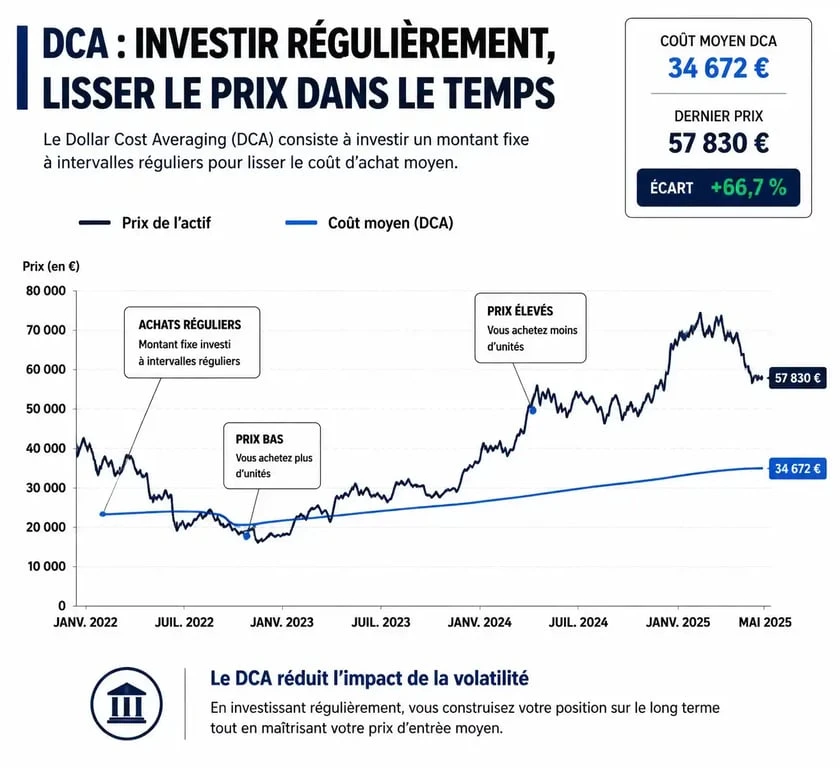 Graphique illustrant le lissage du prix de revient unitaire par la stratégie dca crypto