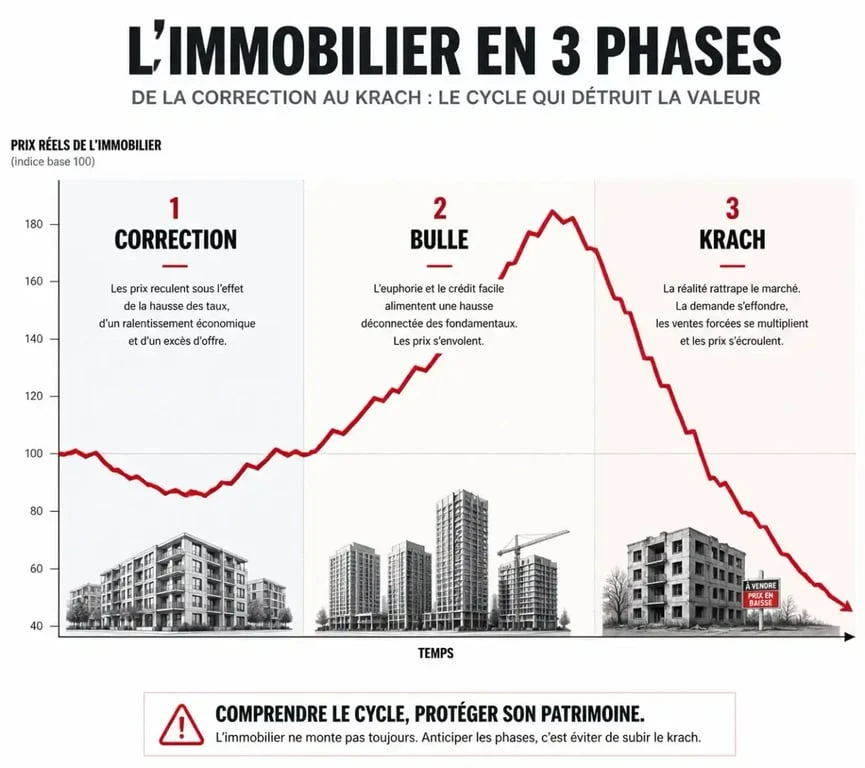 Graphique illustrant les phases d'une chute immobilière : correction, bulle et krach